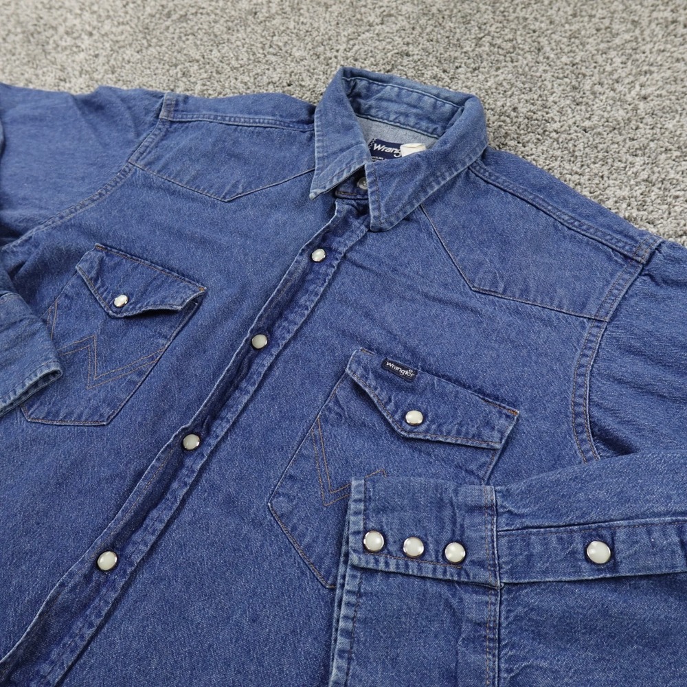 VTG Wrangler Shirt Mens 16.5 Blue Denim Pearl Snap Sanforized Western Cowboy USA